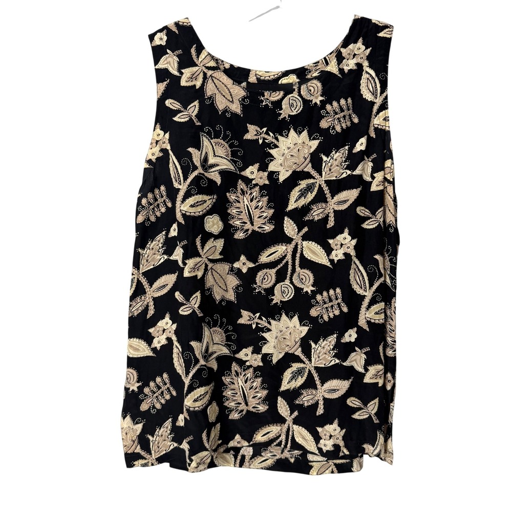 August Silk Top Womens Medium Black Floral 100% Silk Sleeveless Quiet Luxury